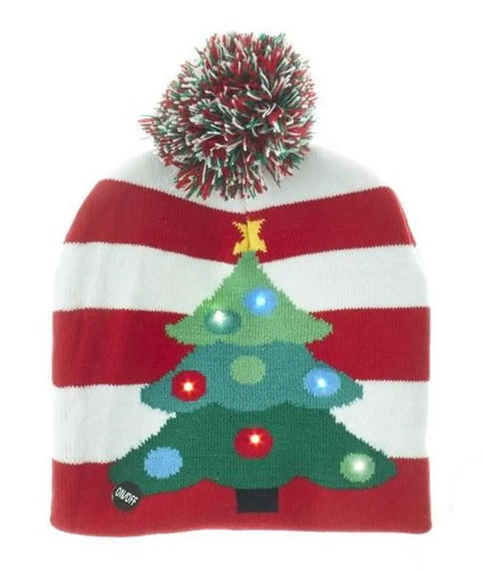 Battery-operated LED knit hat with Christmas tree, red and white striped knit, pompom on Tampa Home & Garden Store