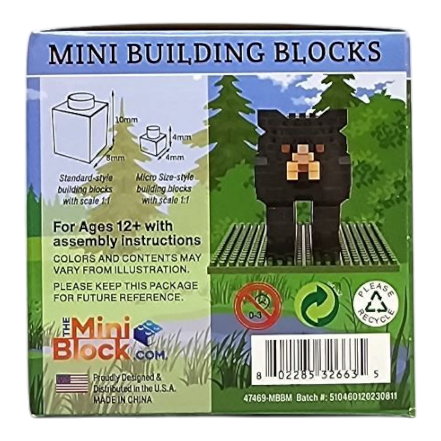 Mini Building Blocks Black Bear Figurine Kit, black bear block-built figure with size diagrams on Tampa Home & Garden Store