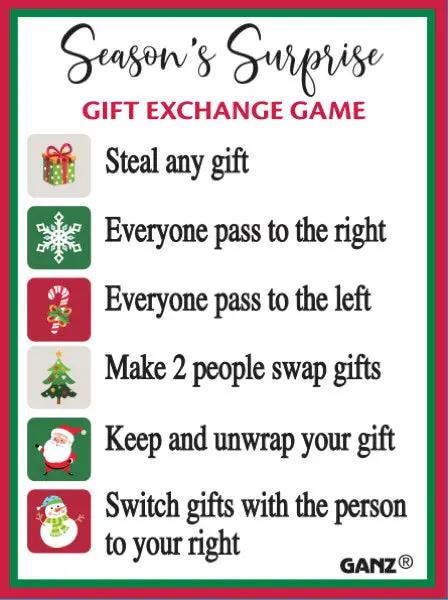 Gift Exchange Dice Game Charm, festive red and green seasonal card with Santa icons GANZ logo on Tampa Home & Garden Store