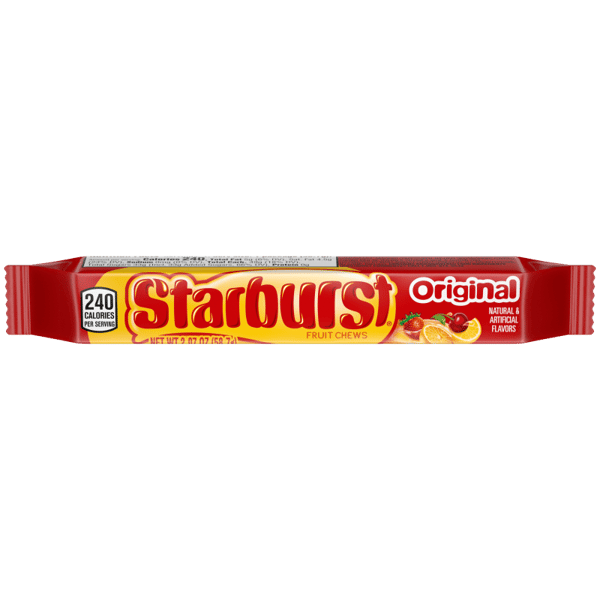 Starburst Original Fruit Chews candy bar wrapper red/yellow with Starburst logo and fruit images on Tampa Home & Garden Store