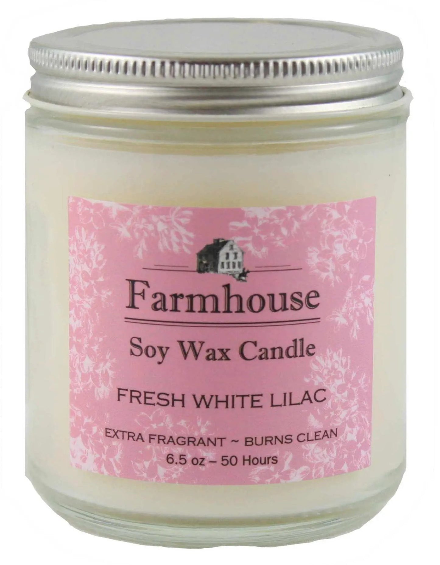 Farmhouse Soy Wax Candle jar with pink label Fresh White Lilac fragrance 6.5 oz on Tampa Home & Garden Store
