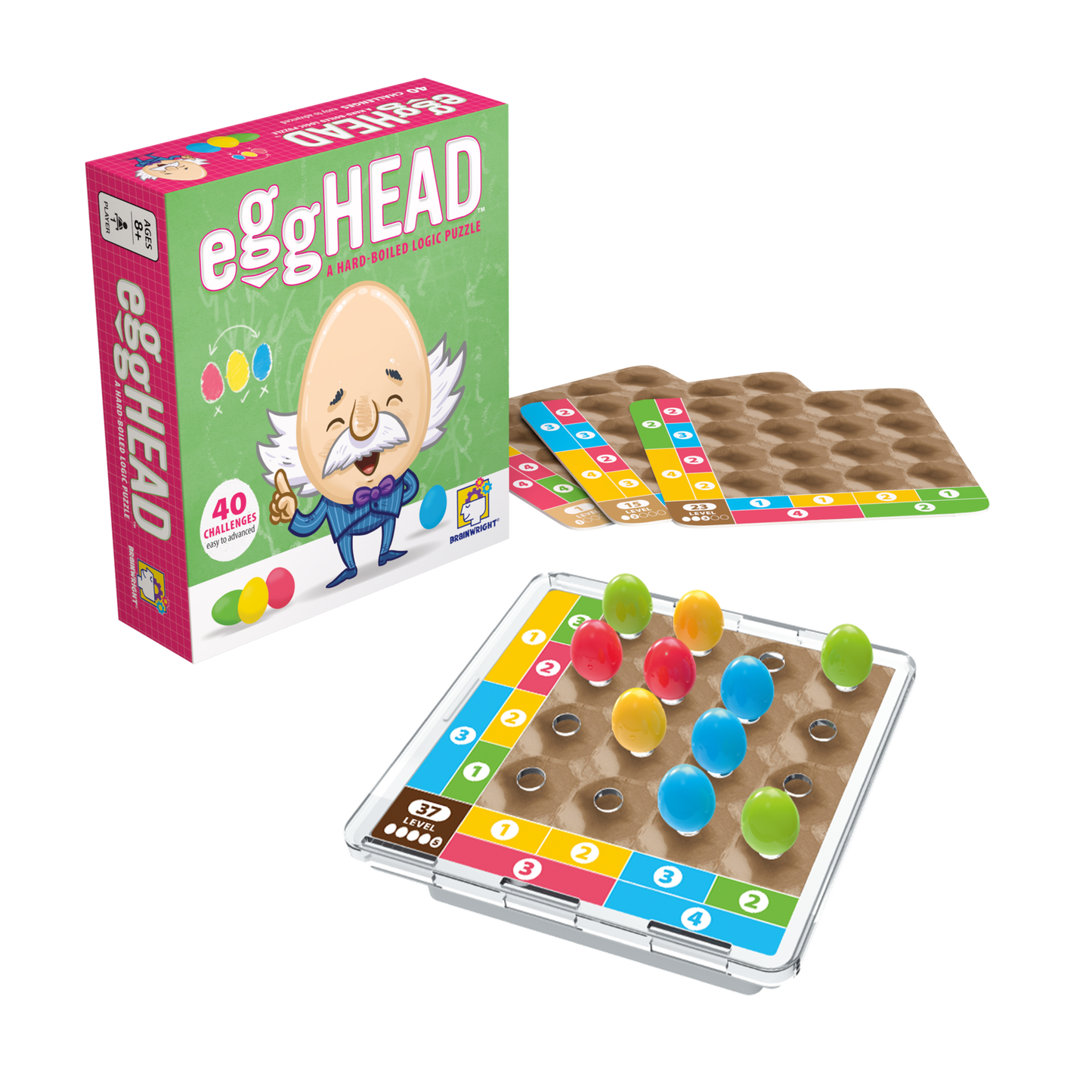 Egghead hard-boiled logic puzzle set box with cartoon professor and colorful tiles Brainwright on Tampa Home & Garden Store