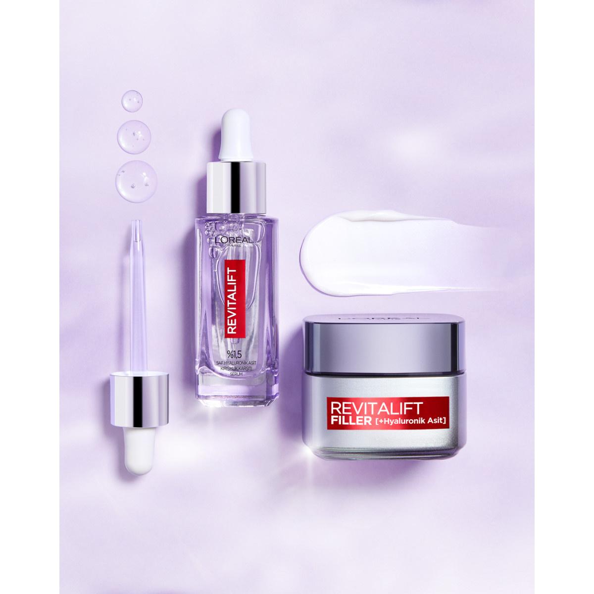 Face care duo: L'Oréal Revitalift Hyaluronic Acid serum and day cream in purple packaging on Tampa Home & Garden Store