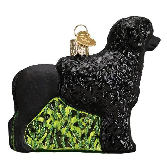 Portuguese Water Dog glass ornament hand painted, black with neon-green base and gold hanger on Tampa Home & Garden Store