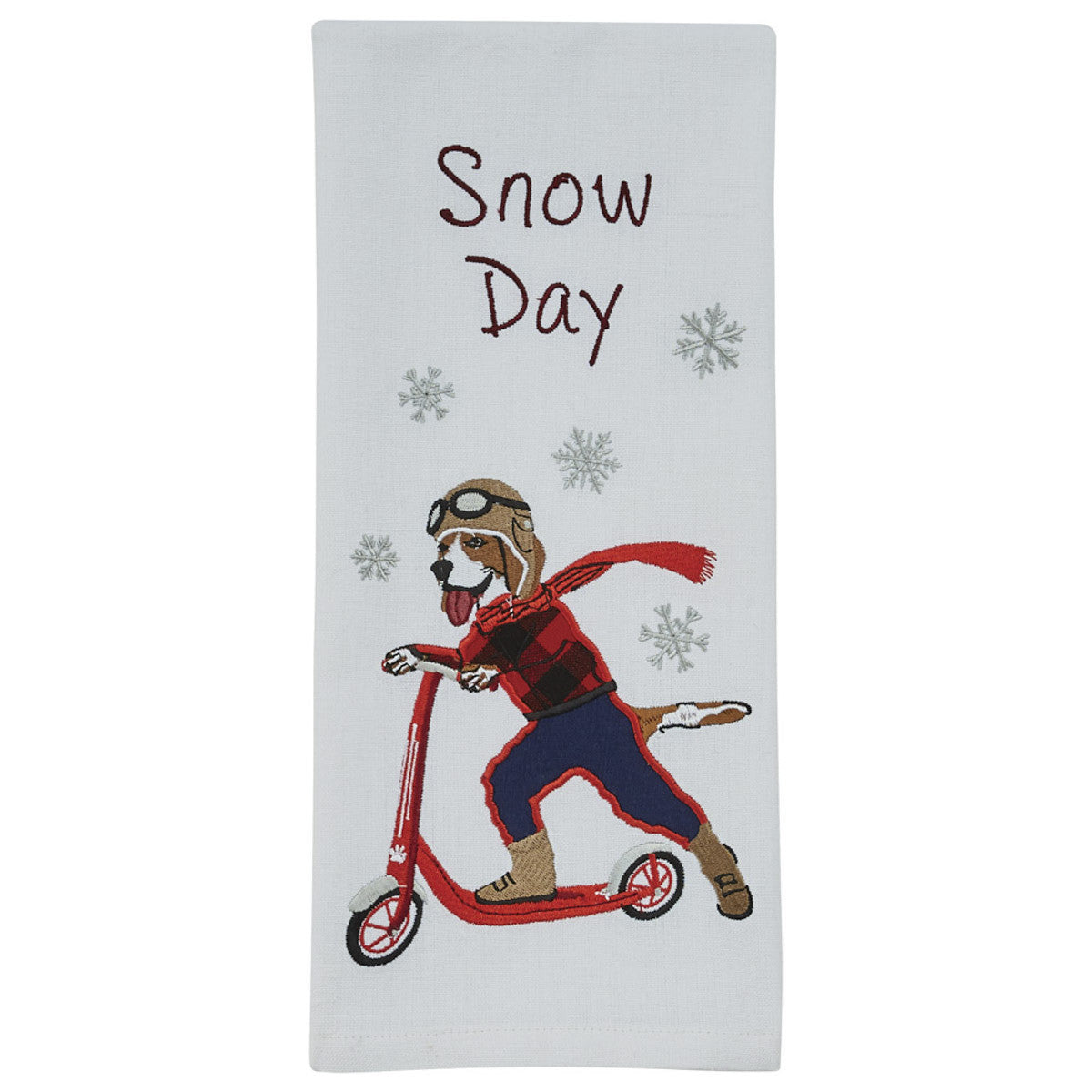 Snow Day cotton dishtowel by Park Designs featuring a dog on a red scooter and snowflakes on Tampa Home & Garden Store