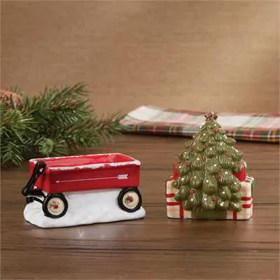 Over the River Salt and Pepper Shaker Set red wagon and Christmas tree shakers Country Christmas Loft on Tampa Home & Garden Store