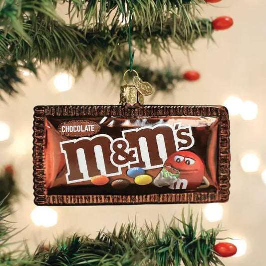 M&M's Milk Chocolate Glass Ornament shaped like a brown chocolate bar, with M&M's logo on Tampa Home & Garden Store