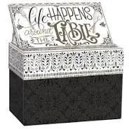 Kitchen Memories Recipe Card Box Collection, black storage box with white decorative lid on Tampa Home & Garden Store