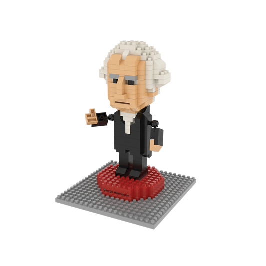 George Washington mini building blocks figure on gray studded baseplate with red pedestal on Tampa Home & Garden Store