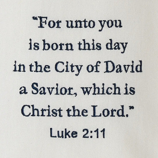 Away in the Manger dishtowel white cotton with Luke 2:11 scripture Country Christmas Loft on Tampa Home & Garden Store
