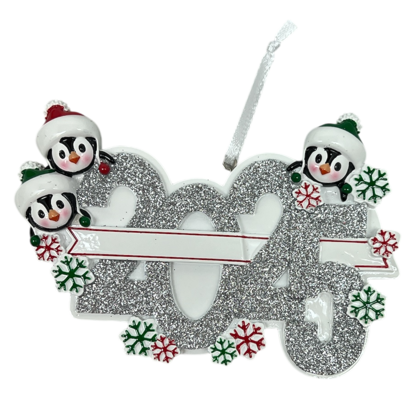 Penguin family of 3 ornament set on glittery silver backdrop with red and green snowflakes on Tampa Home & Garden Store