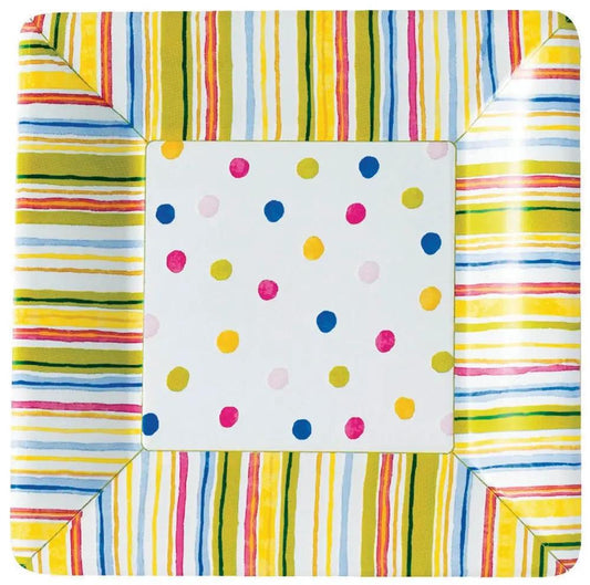 Smart Dots 7 Inch Salad Plate white center with multicolor dots and rainbow striped border on Tampa Home & Garden Store