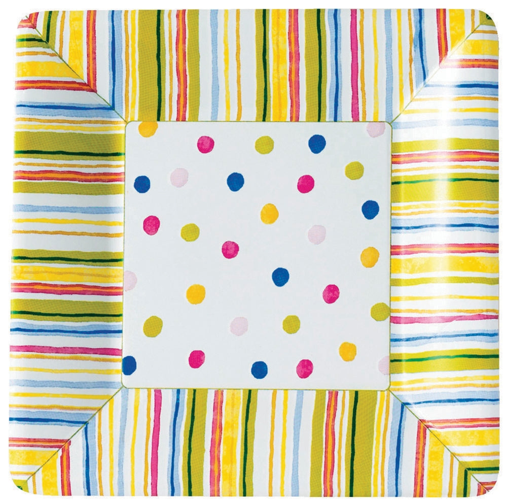 Smart Dots 7 Inch Salad Plate white center with multicolor dots and rainbow striped border on Tampa Home & Garden Store
