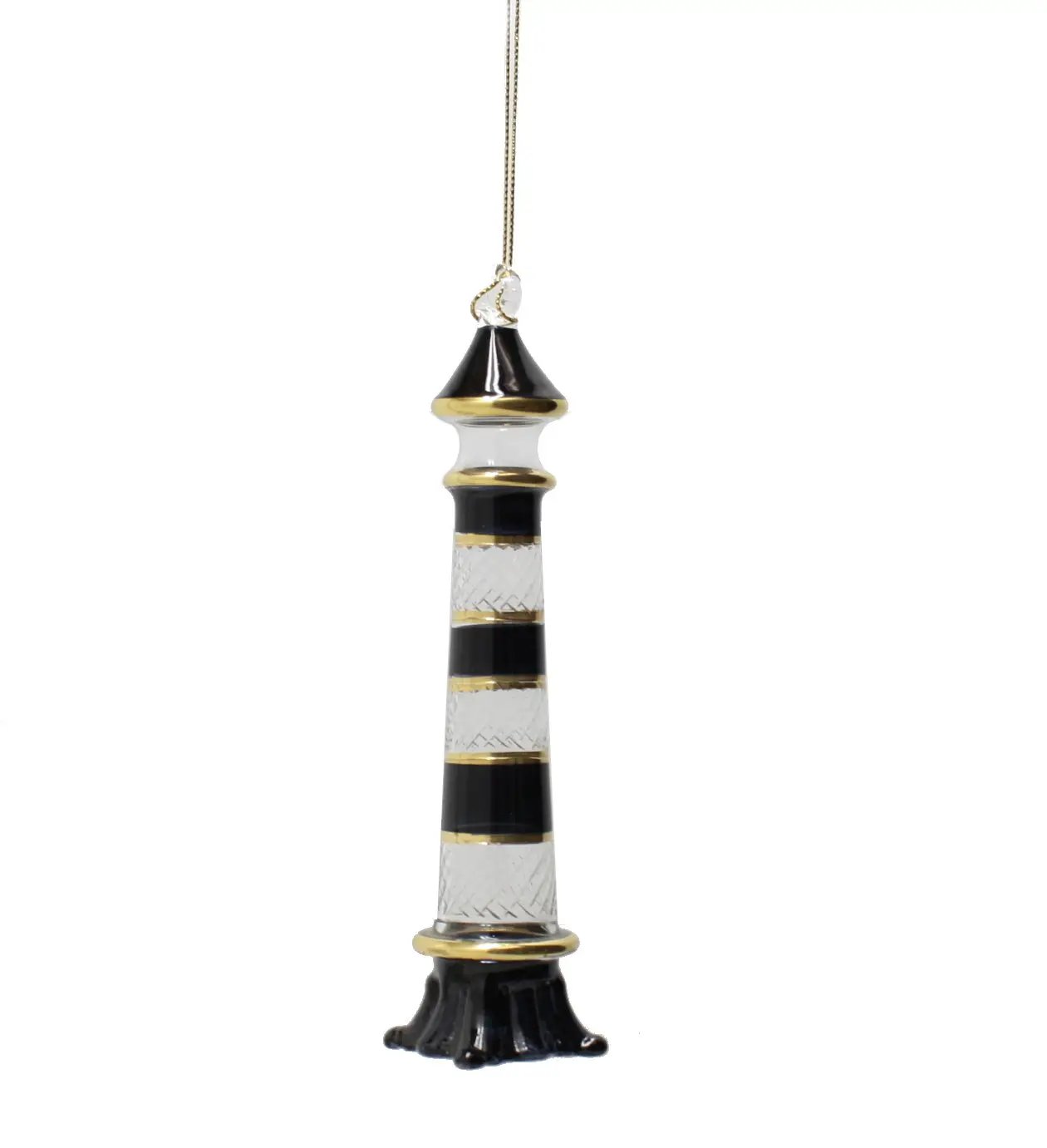 Lighthouse etched glass ornament with black and clear stripes and gold rings on Tampa Home & Garden Store