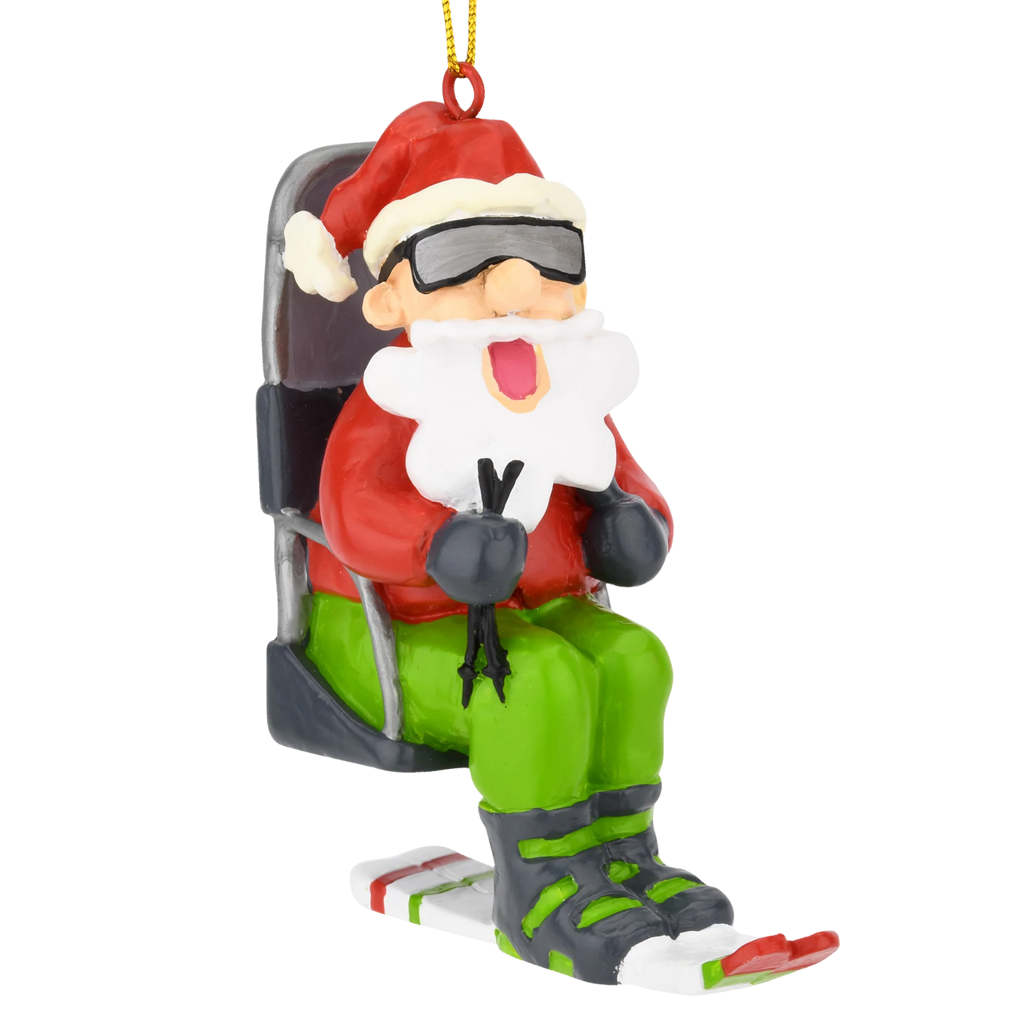 Santa Claus skiing ornament The Country Christmas Loft red suit sunglasses green skis on Tampa Home & Garden Store