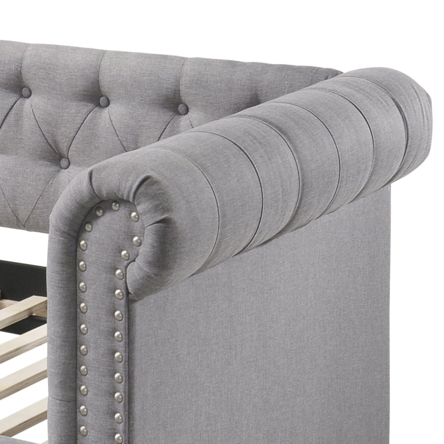 Justice Twin Daybed with Trundle in smoke gray fabric; tufted back, rolled arm, nailhead trim on Tampa Home & Garden Store