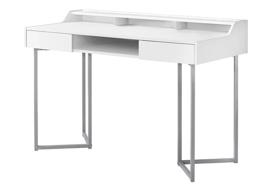 Computer desk in white with ample storage, two drawers and open shelf on metal legs on Tampa Home & Garden Store