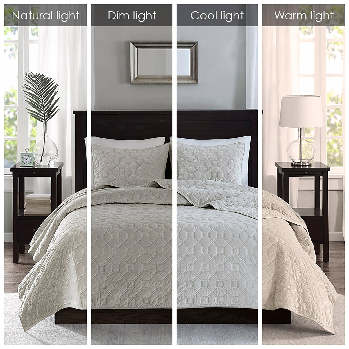Ivory velvet quilt set by HouseOfZazla for King/Cal King, shown in four light moods on Tampa Home & Garden Store
