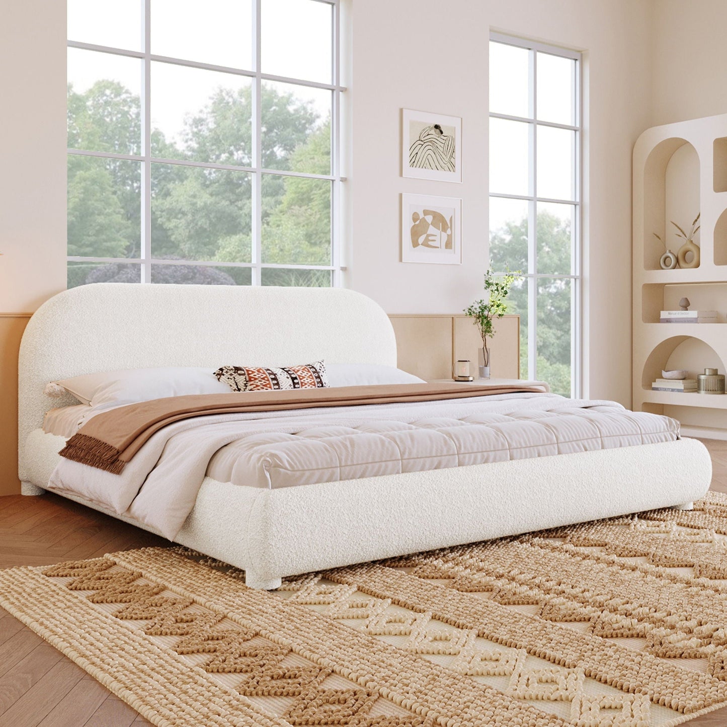 Upholstered bed with curved cream headboard in simple modern design on Tampa Home & Garden Store