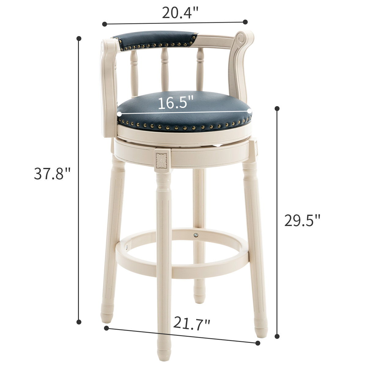 Wooden swivel bar stool with full back, cream finish, blue upholstered seat, HouseOfZazla on Tampa Home & Garden Store