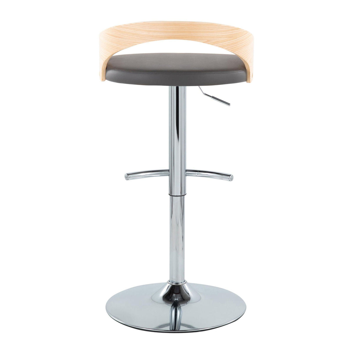 Modern adjustable barstool with swivel, gray padded seat and light wood curved back on chrome pedestal on Tampa Home & Garden Store