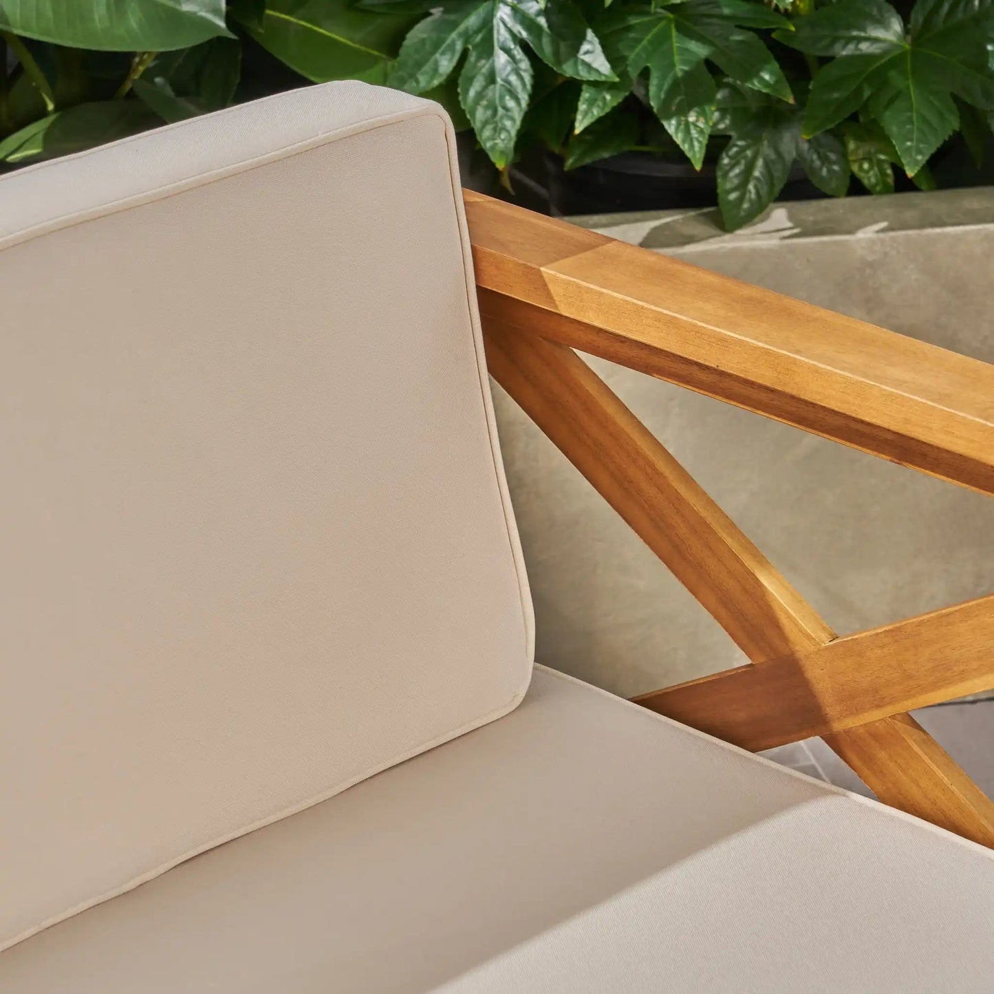 Alcove L-shaped outdoor sofa set 2-piece by HouseOfZazla with beige cushions and natural wood arms on Tampa Home & Garden Store