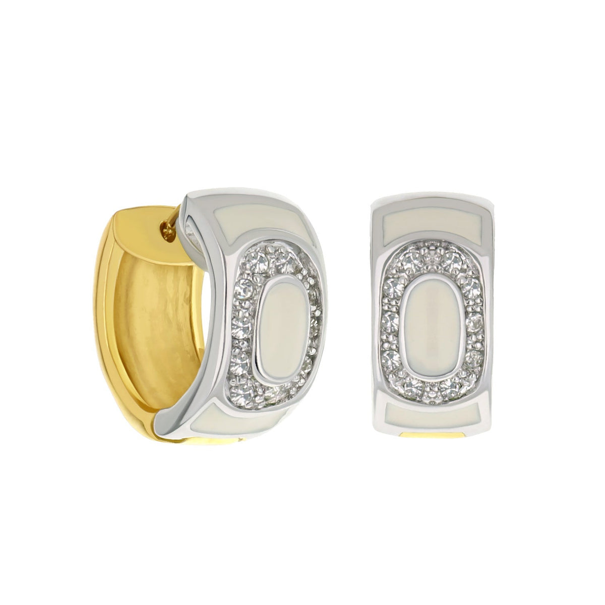 Two-Tone enamel huggie earrings by Lauren G Adams; cream enamel with crystal halo on Tampa Home & Garden Store