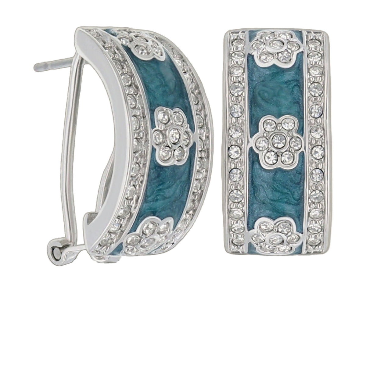 Lga French Clip Earrings teal turquoise inlay with crystal pavé borders, clip-back on Tampa Home & Garden Store