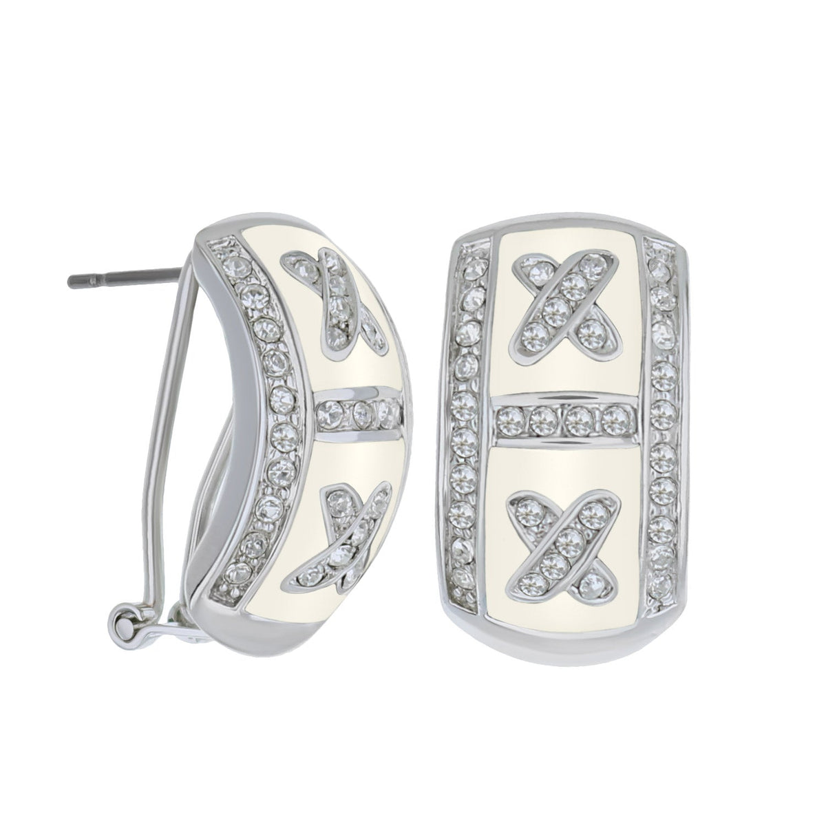 Pair of LGA French clip earrings, silver-tone metal with crystal pavé along edges on Tampa Home & Garden Store