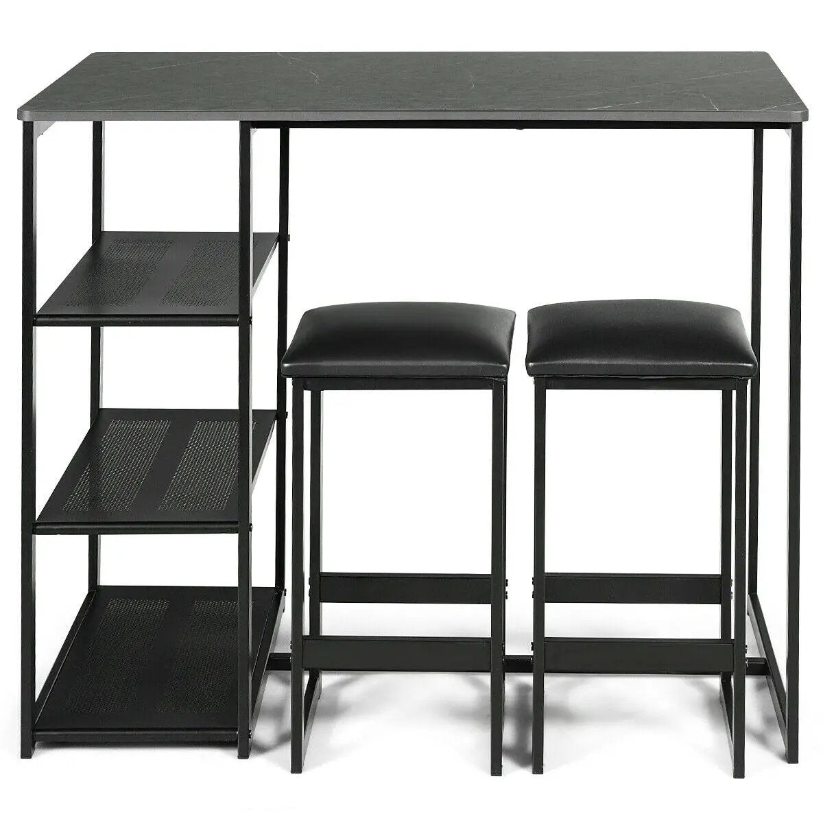 3-piece bar-height dining set with faux marble top table, built-in left shelf, and two black padded stools on Tampa Home & Garden Store