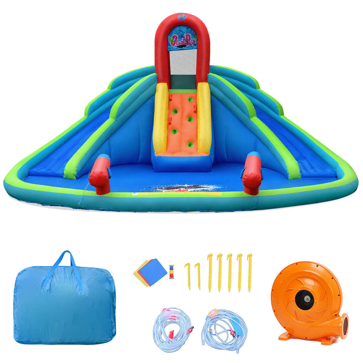 Inflatable water slide with Mighty Splash Pool by DirectDeals, blue/green slides, red arch on Tampa Home & Garden Store