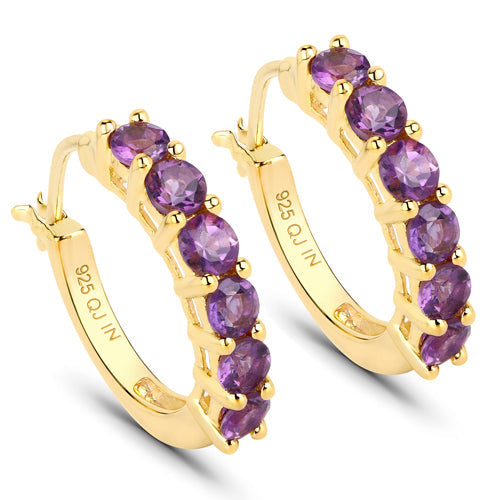 Pair of gold-tone 925 sterling silver amethyst hoop earrings with five purple stones per hoop on Tampa Home & Garden Store