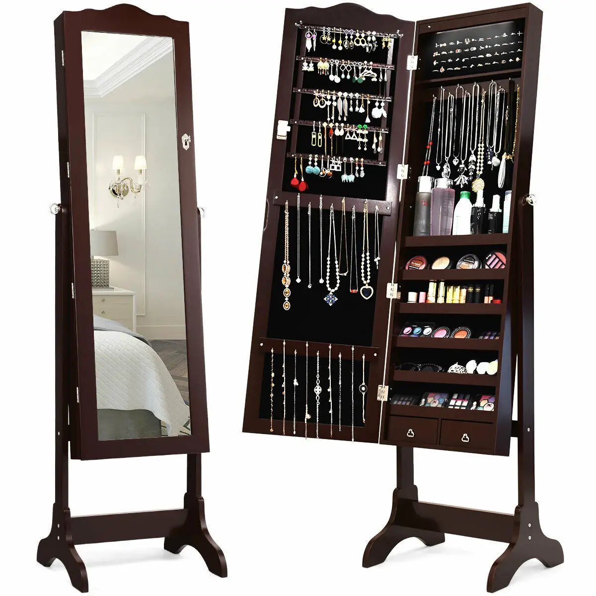 14 LED Jewelry Armoire Cabinet with Full Length Mirror and 4 Tilting Angles-White - Tampa Home & Garden Store