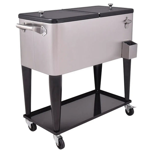 80 Quart Patio Rolling Stainless Beverage Cooler on a black metal cart with casters on Tampa Home & Garden Store