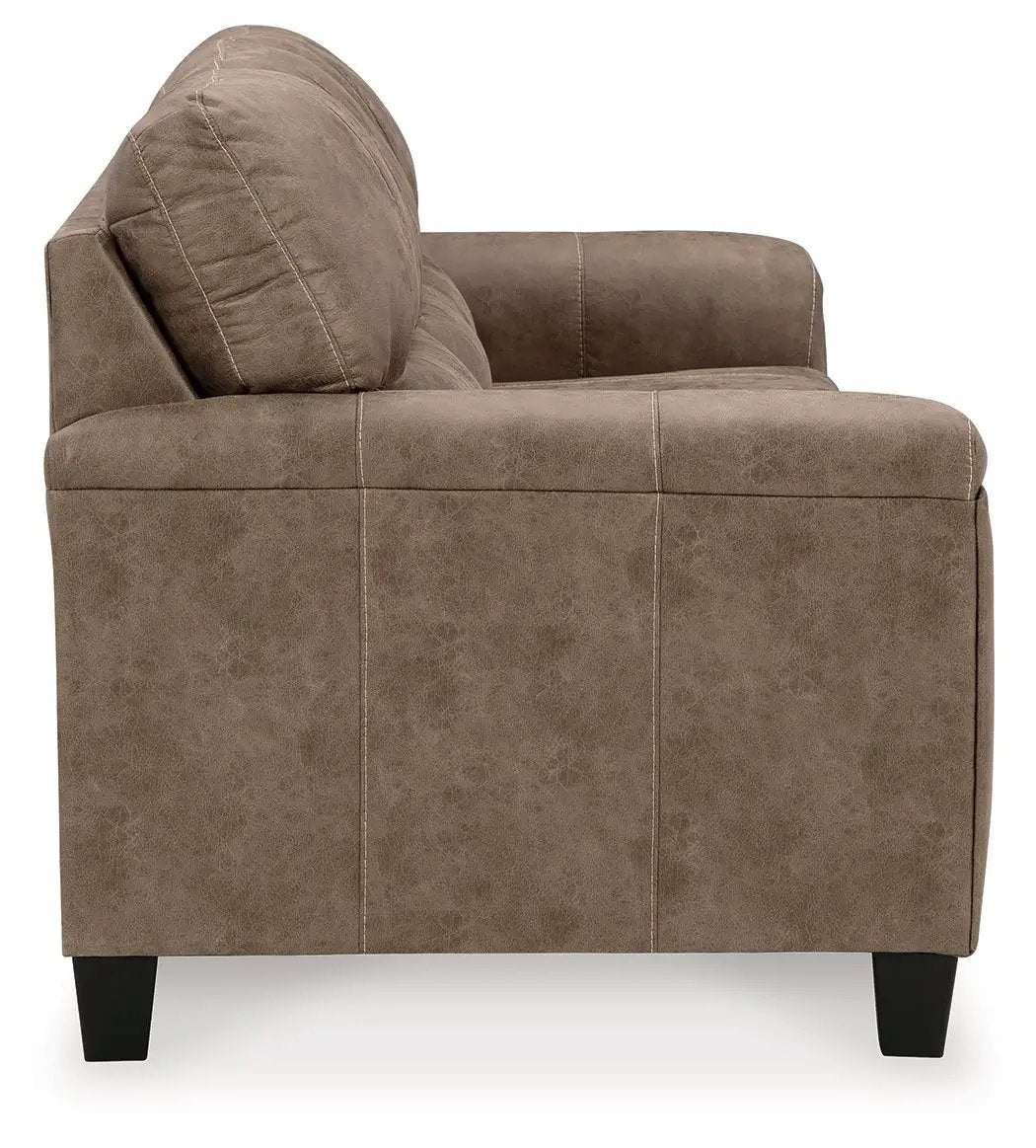 Navi stationary sofa Fossil brown faux leather with contrast stitching and square arms on Tampa Home & Garden Store