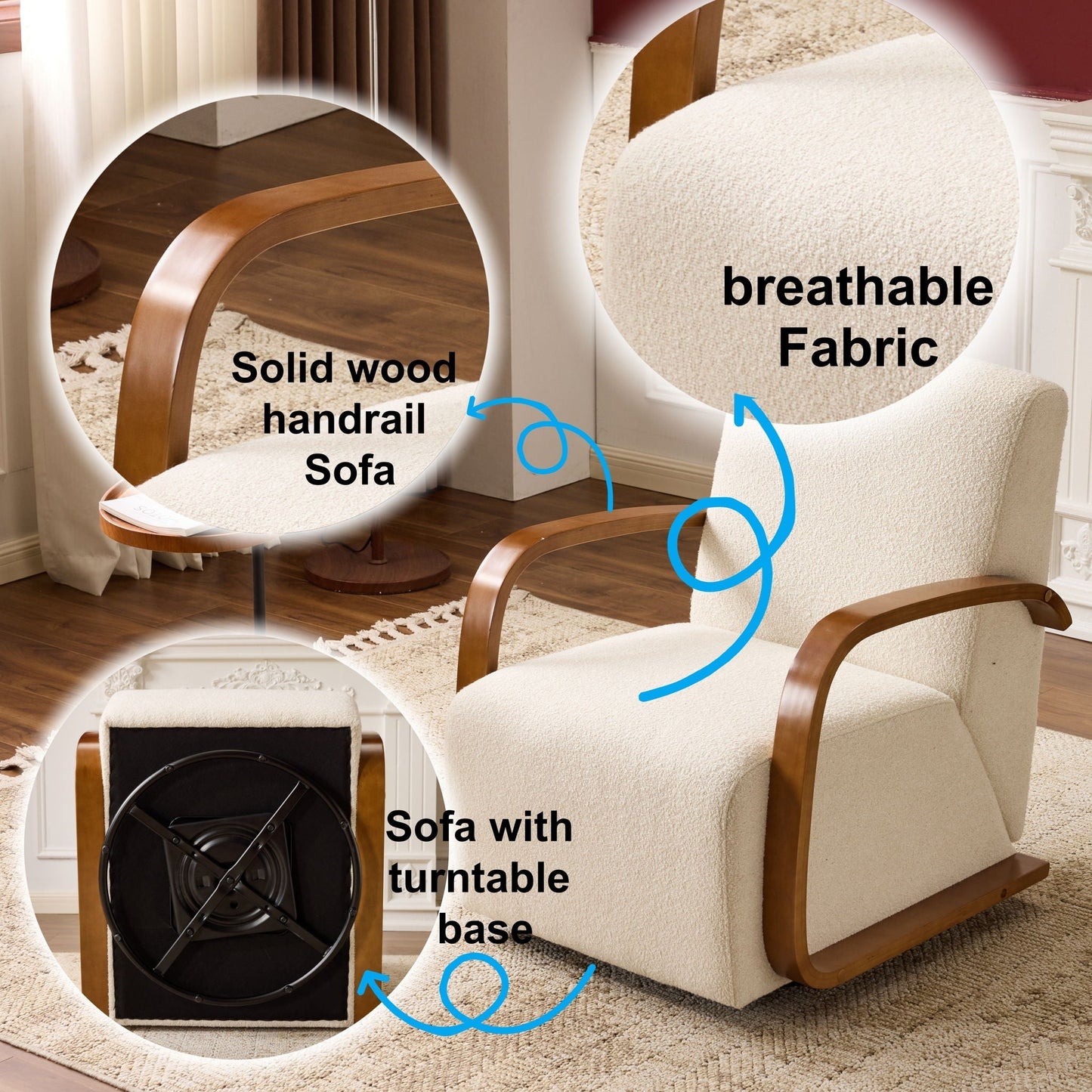 360° Swivel Accent Chair beige fabric with wooden curved arms by HouseOfZazla on Tampa Home & Garden Store