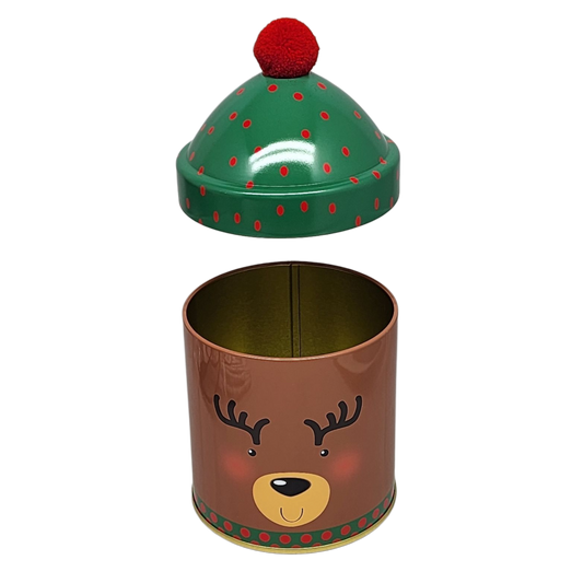 Gift Tin Pom Pom Hat Reindeer Antlers, green tin with red polka dots and red pom on Tampa Home & Garden Store