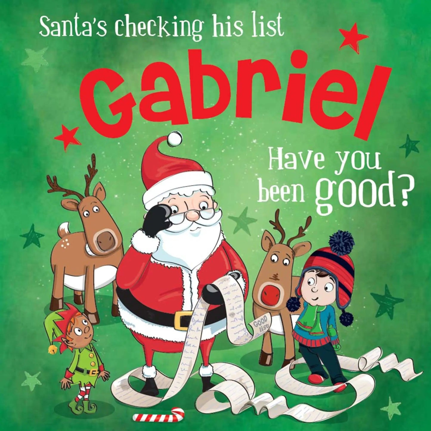 Personalized Christmas Storybook Hardcover cover with Santa, reindeer and kids on green Gabriel on Tampa Home & Garden Store