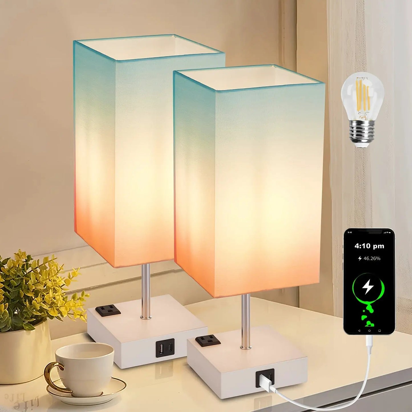 LumaTouch table lamp pair with USB outlets and blue ombre fabric shades by Moktan Sabai on Tampa Home & Garden Store