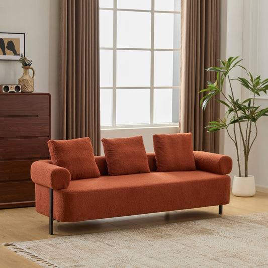 78-inch 3-Seater Sofa by HouseOfZazla burnt orange bouclΓ© with black legs in a living room on Tampa Home & Garden Store
