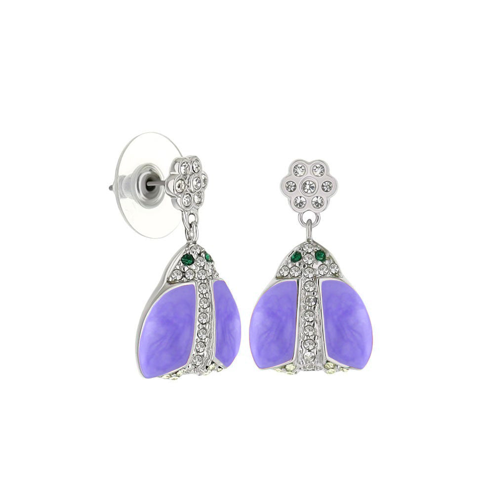 Lady Poof Earrings by Lauren G Adams, lavender wing dangle with crystal accents and flower stud tops on Tampa Home & Garden Store