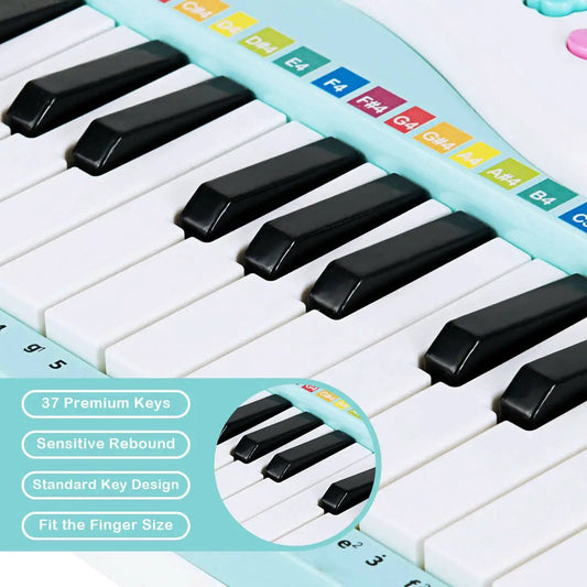 37-key electric keyboard piano DirectDeals turquoise body with black keys and labeled top keys on Tampa Home & Garden Store