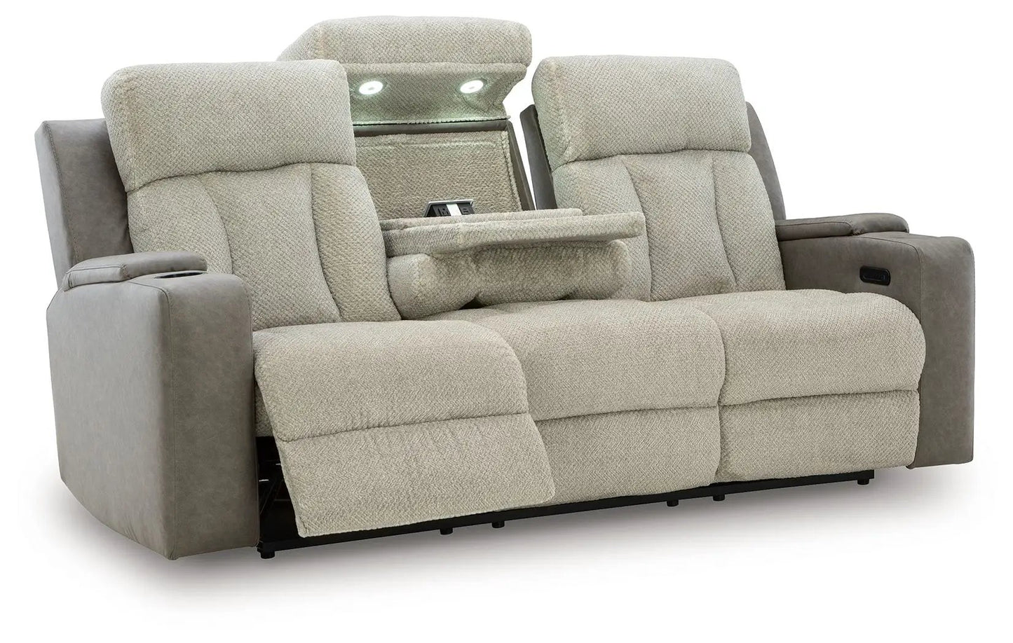 WhipLash power reclining sofa with adj headrests in sisal beige fabric, center console on Tampa Home & Garden Store