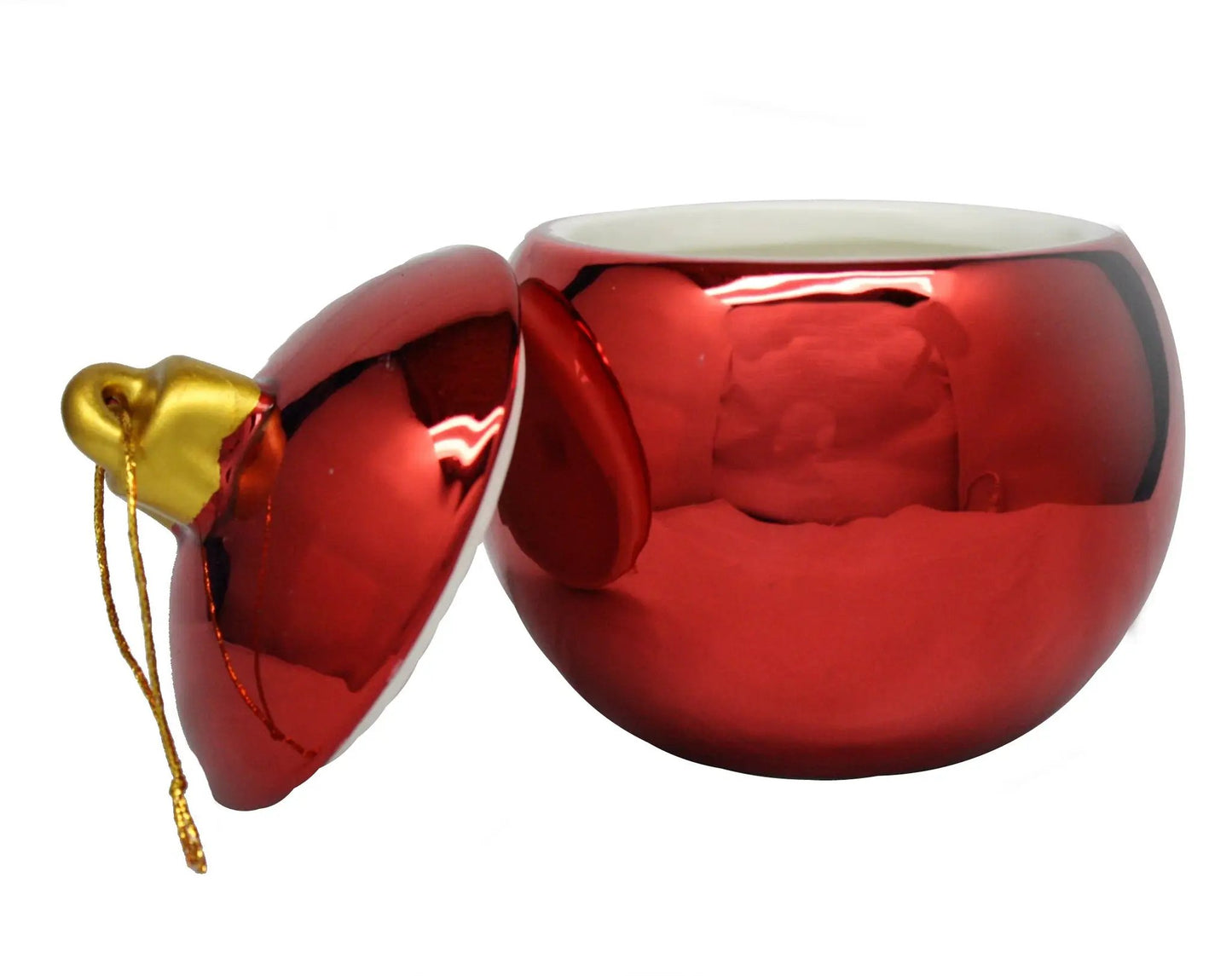 Ceramic ornament jar with lid in glossy red finish, gold cap, hanging cord on Tampa Home & Garden Store