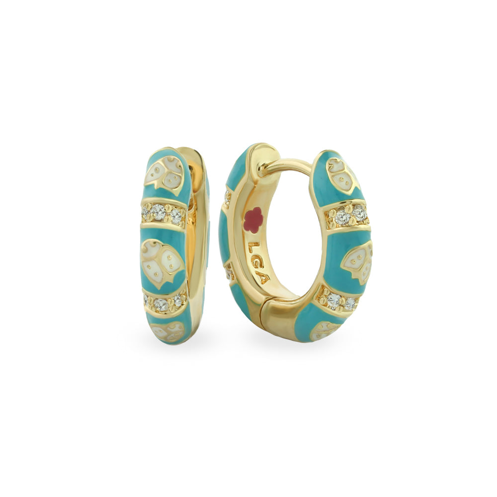 Lady Poof Earrings, turquoise enamel and gold-tone hoops with crystal accents, Lauren G Adams on Tampa Home & Garden Store