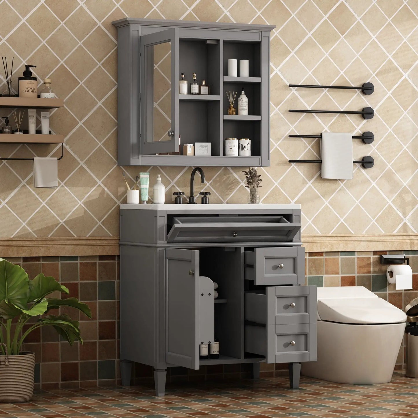 Gray Vanity With Top Sink and Mirror Cabinet