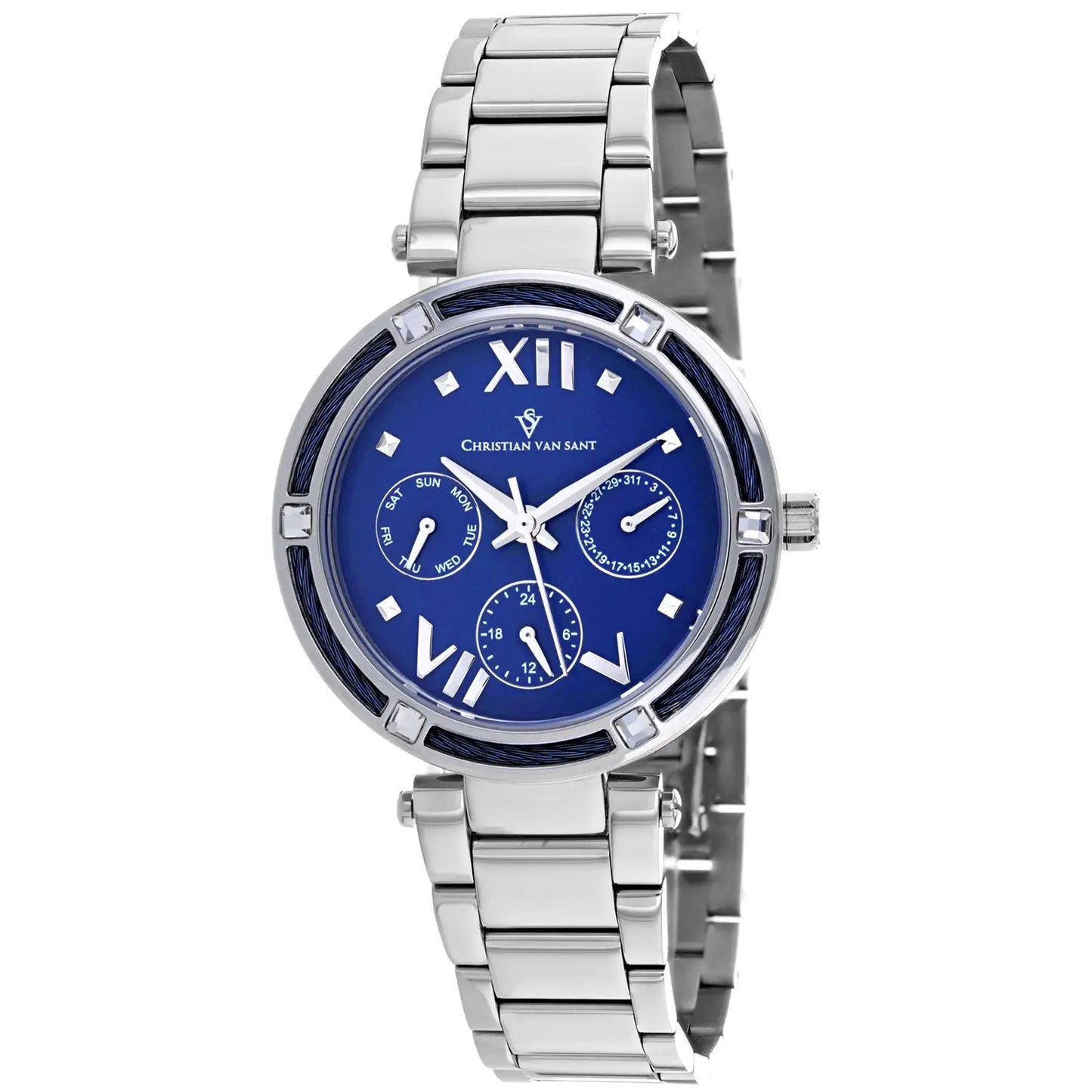 Christian Van Sant Women's Sienna watch with blue dial and silver stainless steel bracelet on Tampa Home & Garden Store