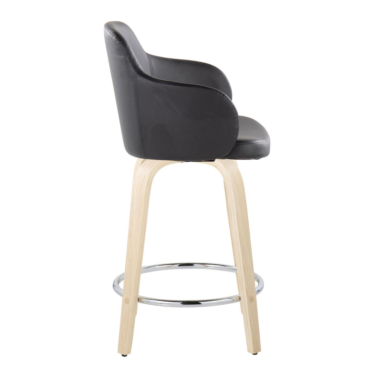 Black faux leather counter stool with curved back and light wood legs on Tampa Home & Garden Store