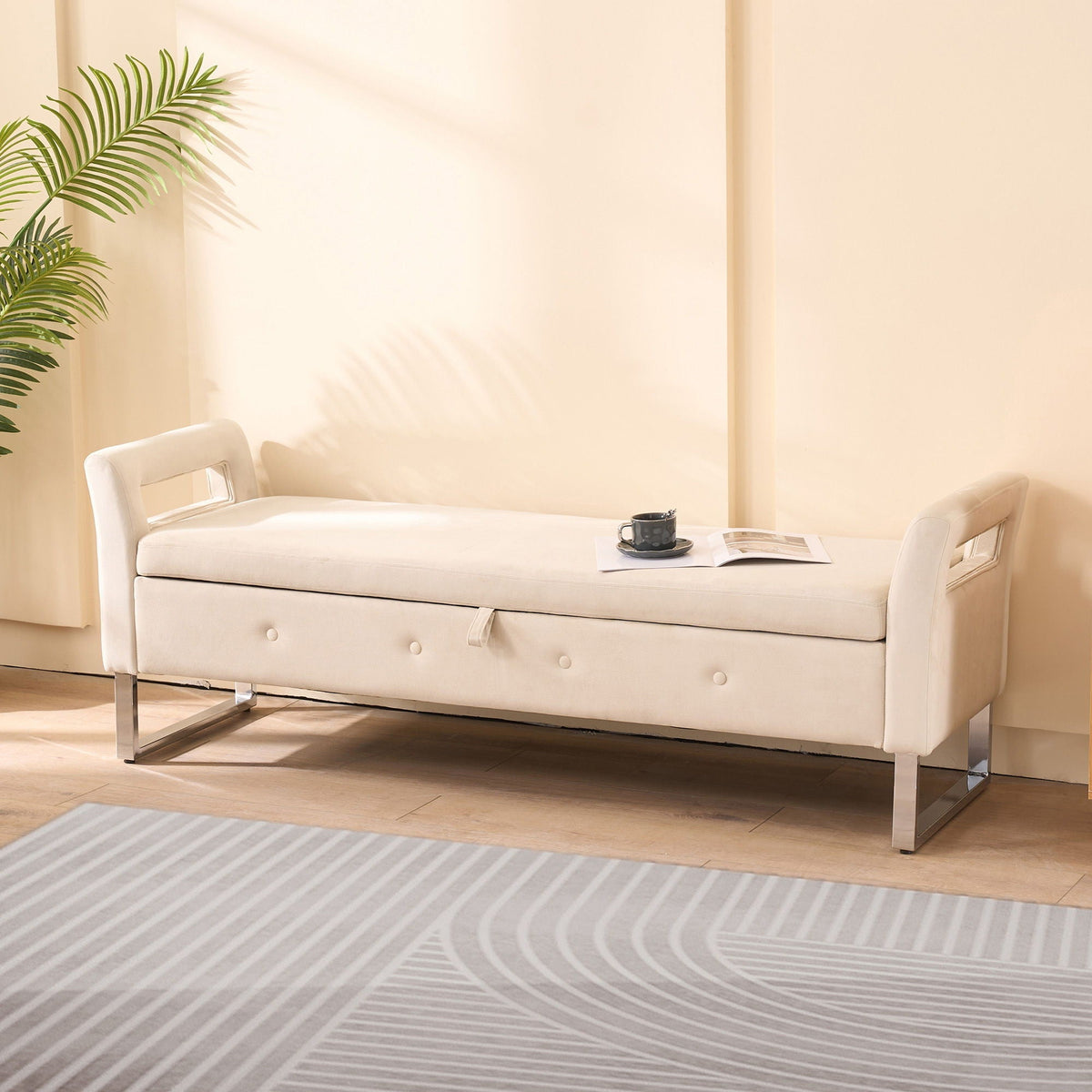 Wide storage ottoman bench with armrests in cream fabric, tufted base, chrome legs on Tampa Home & Garden Store