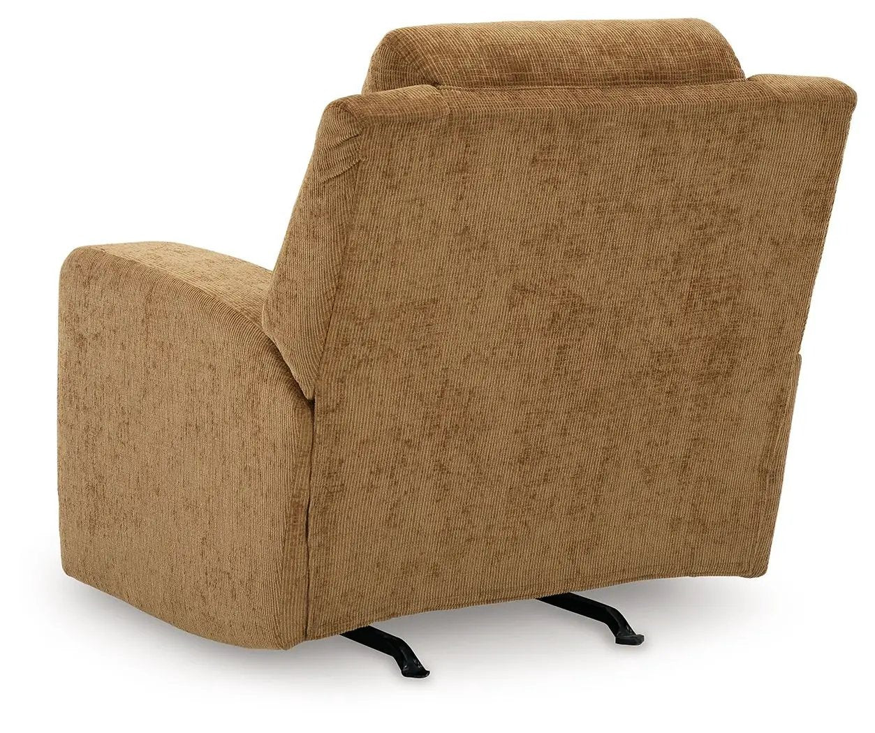 Kanlow rocker recliner in tan fabric with cushioned back and arms on metal rocker base on Tampa Home & Garden Store